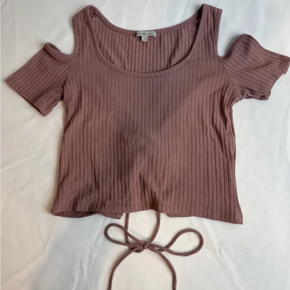 Charlotte Russe Open Shoulder Slim Cropped Shirt with Back/Bottom Tie Size S